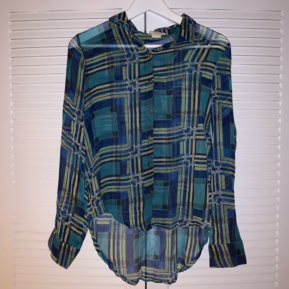 Size M. Under One Sky plaid green and blue blouse.